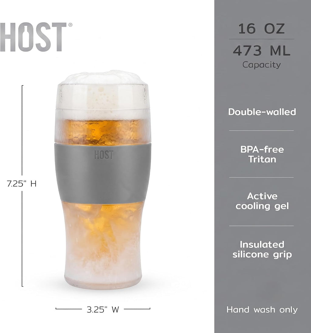 Host Freeze Beer Glasses, Freezable Beer Gifts for Men, Double Wall Insulated Pint Set, Tumbler for Cold Drinks, 16, Set of 2, Gray