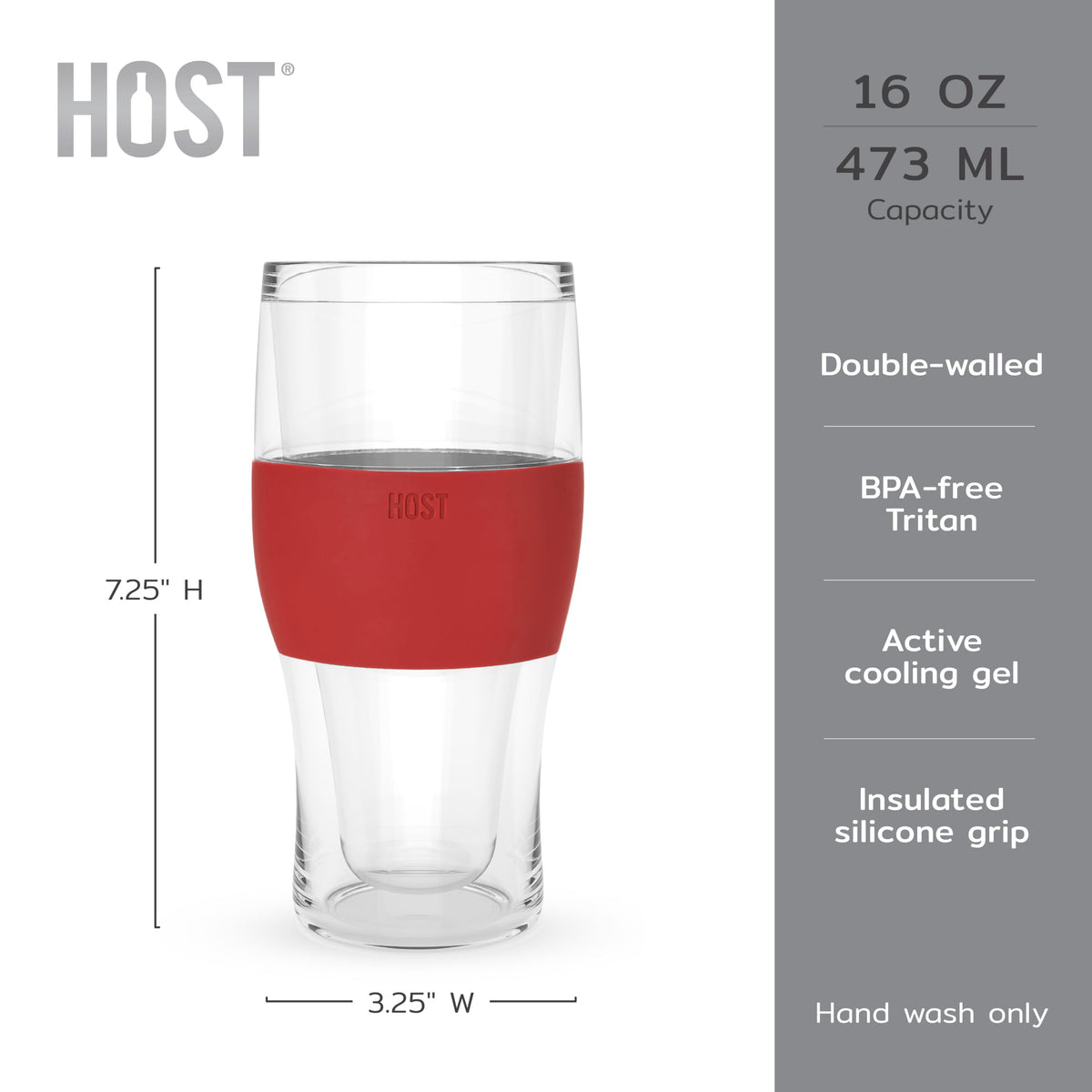 Host Freeze Beer Glasses, Freezable Beer Gifts for Men, Double Wall Insulated Pint Set, Tumbler for Cold Drinks, 16, Set of 2, Gray