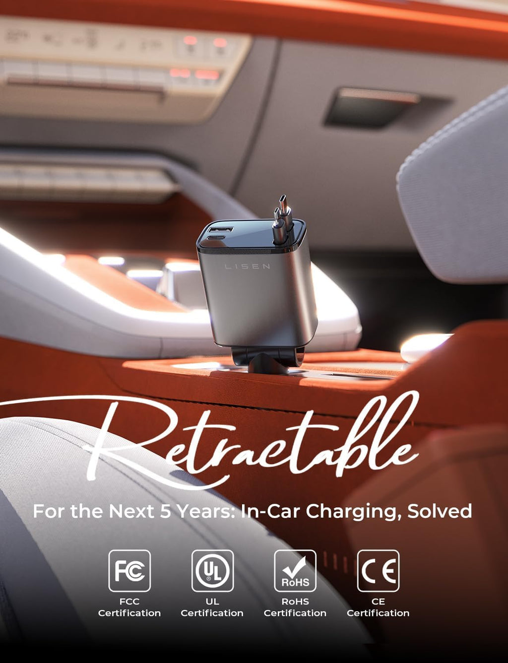 LISEN Retractable Car Charger, 84W Car Charger USB C Fast Charge, 4 in 1