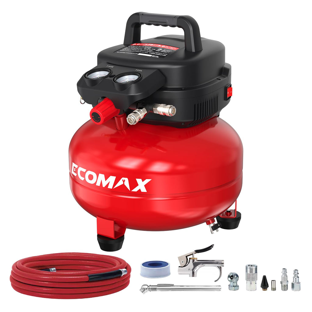 ECOMAX Air Compressor 6 Gallon 150 PSI Pancake Portable Oil-free Tank with 10 PCS Accessories Kit
