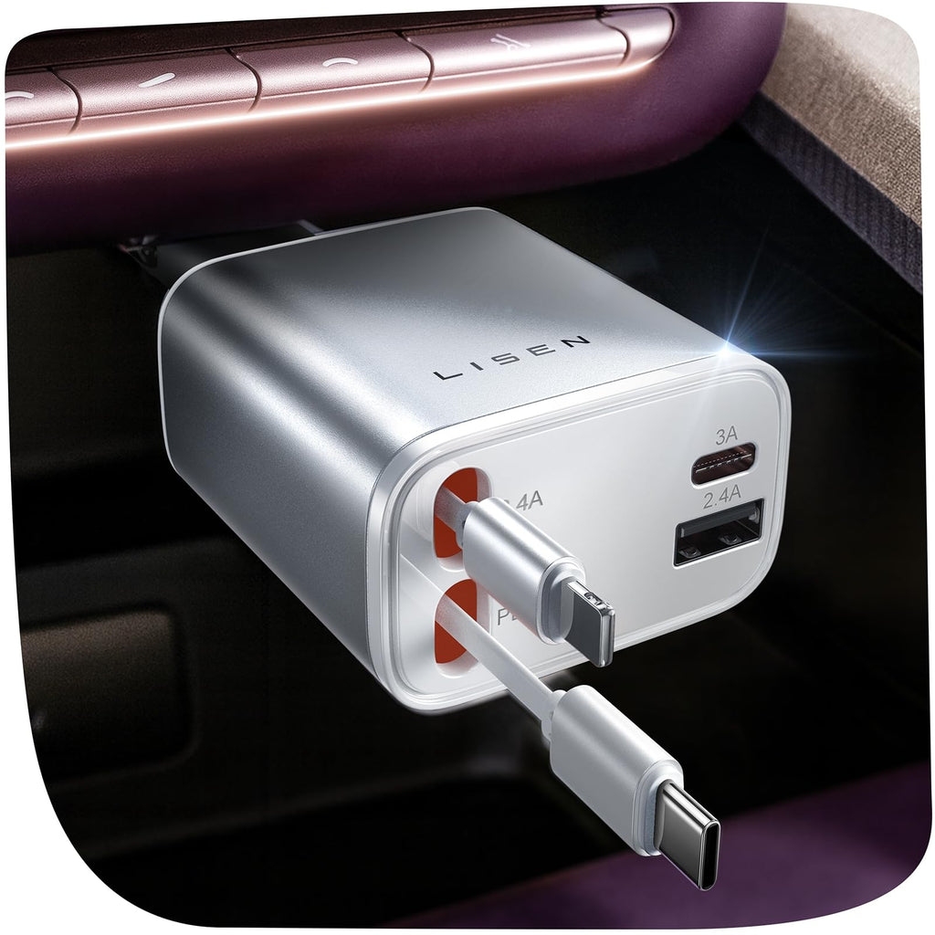 LISEN Retractable Car Charger, 84W Car Charger USB C Fast Charge, 4 in 1