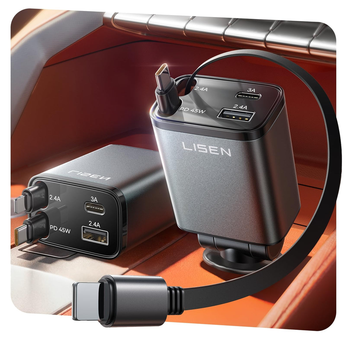 LISEN Retractable Car Charger, 84W Car Charger USB C Fast Charge, 4 in 1
