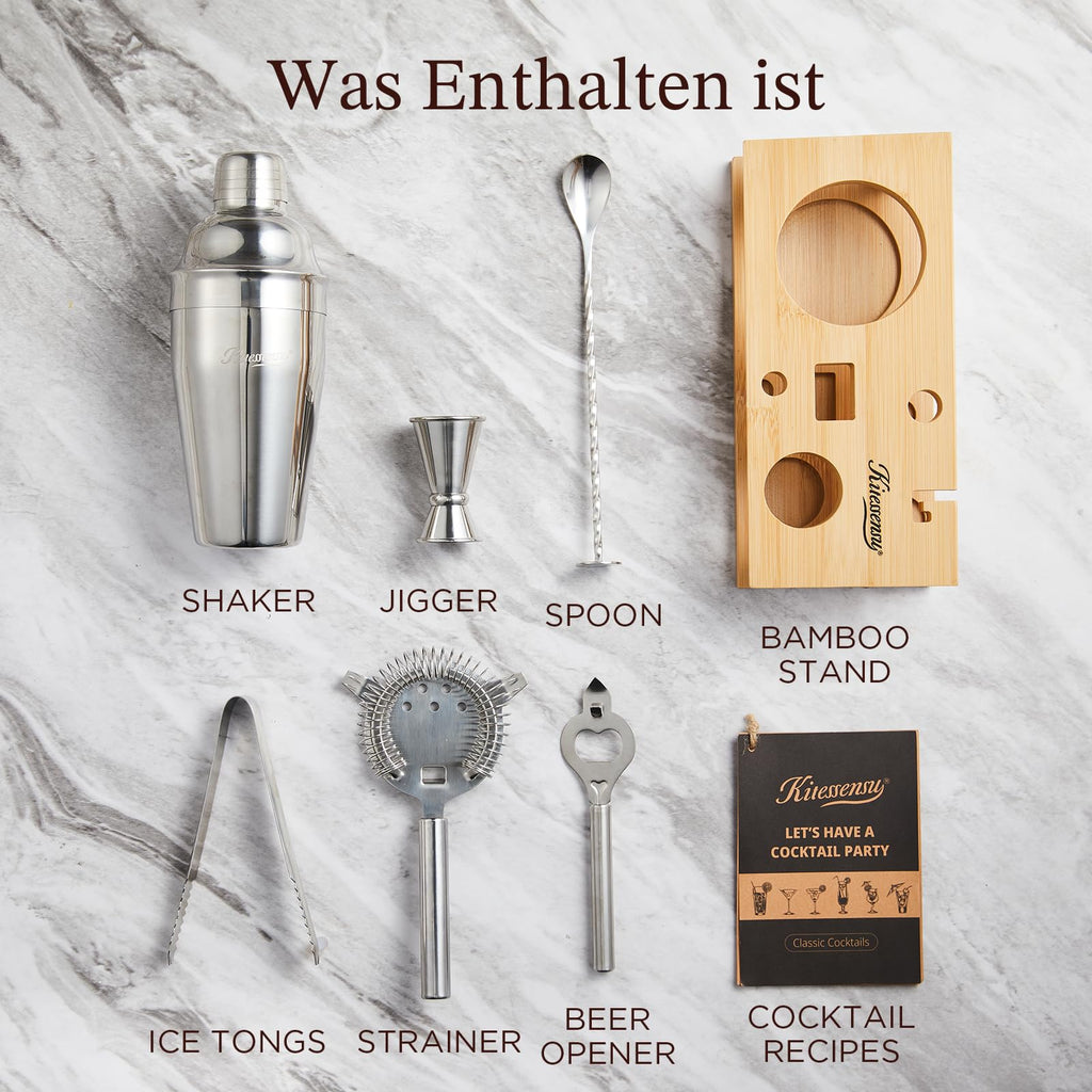KITESSENSU Cocktail Shaker Set Bartender Kit with Stand | Bar Set Drink Mixer Set with All Essential Accessory Tools: Martini Shaker, Jigger, Strainer, Mixer Spoon, Muddler, Liquor Pourers |Silver