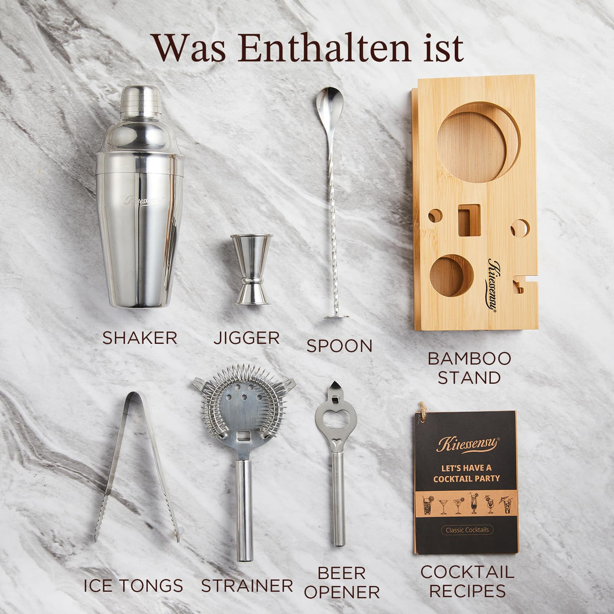 KITESSENSU Cocktail Shaker Set Bartender Kit with Stand | Bar Set Drink Mixer Set with All Essential Accessory Tools: Martini Shaker, Jigger, Strainer, Mixer Spoon, Muddler, Liquor Pourers |Silver