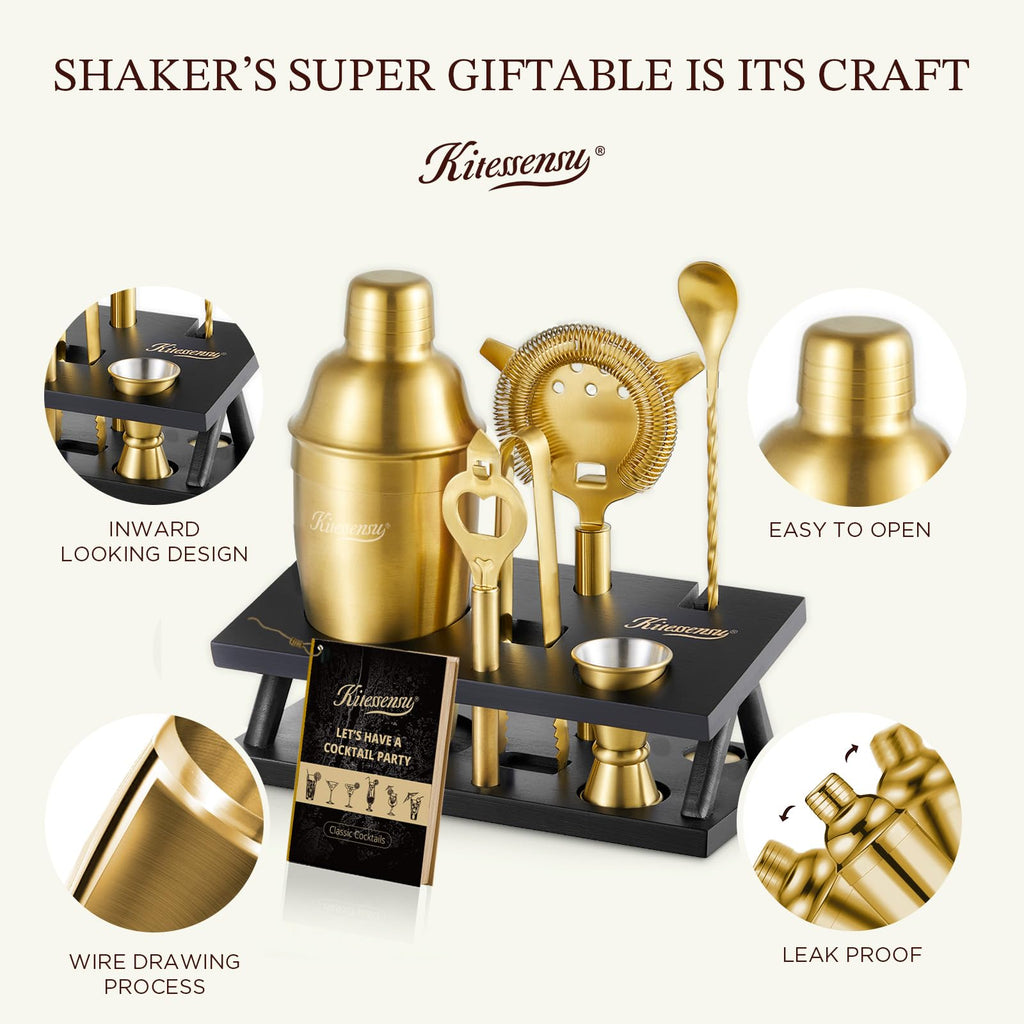 KITESSENSU Cocktail Shaker Set Bartender Kit with Stand | Bar Set Drink Mixer Set with All Essential Accessory Tools: Martini Shaker, Jigger, Strainer, Mixer Spoon, Muddler, Liquor Pourers |Silver