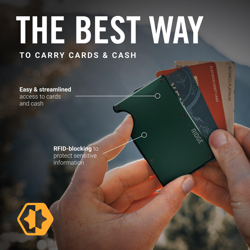 The Ridge Wallet for Men - Slim Minimalist Compact Wallet and Card Holder, RFID Protected Front Pocket Wallets for Men with Integrated Money Clip (Matte Olive Titanium)