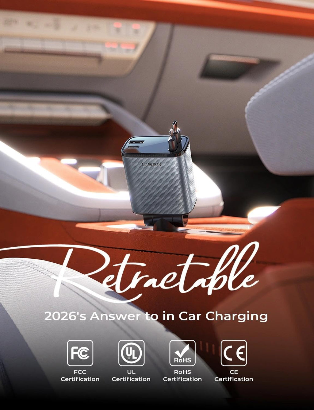LISEN Retractable Car Charger, 84W Car Charger USB C Fast Charge, 4 in 1