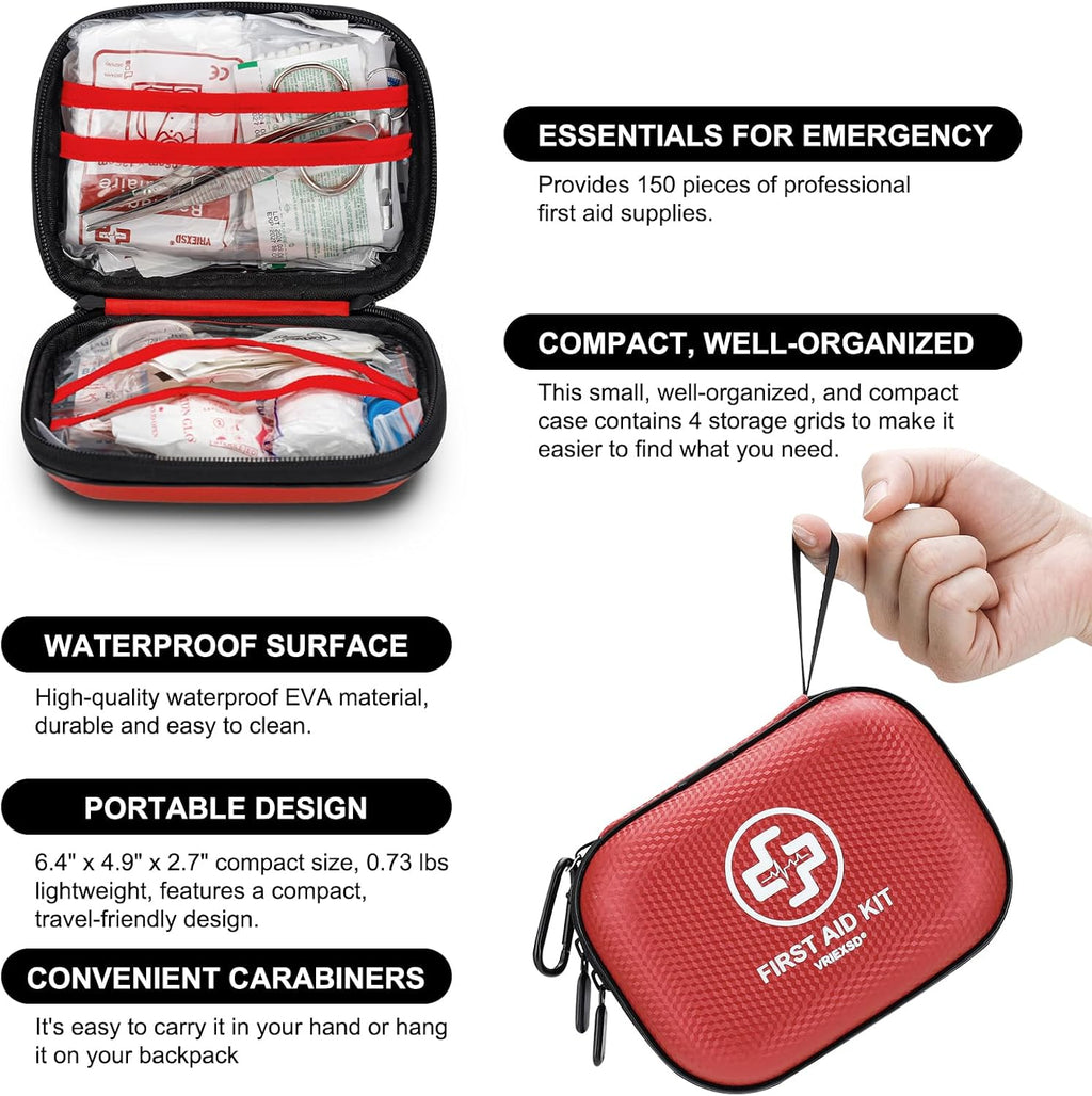 Mini First Aid Kit - 150 Piece Small Waterproof EVA Hard Shell Case