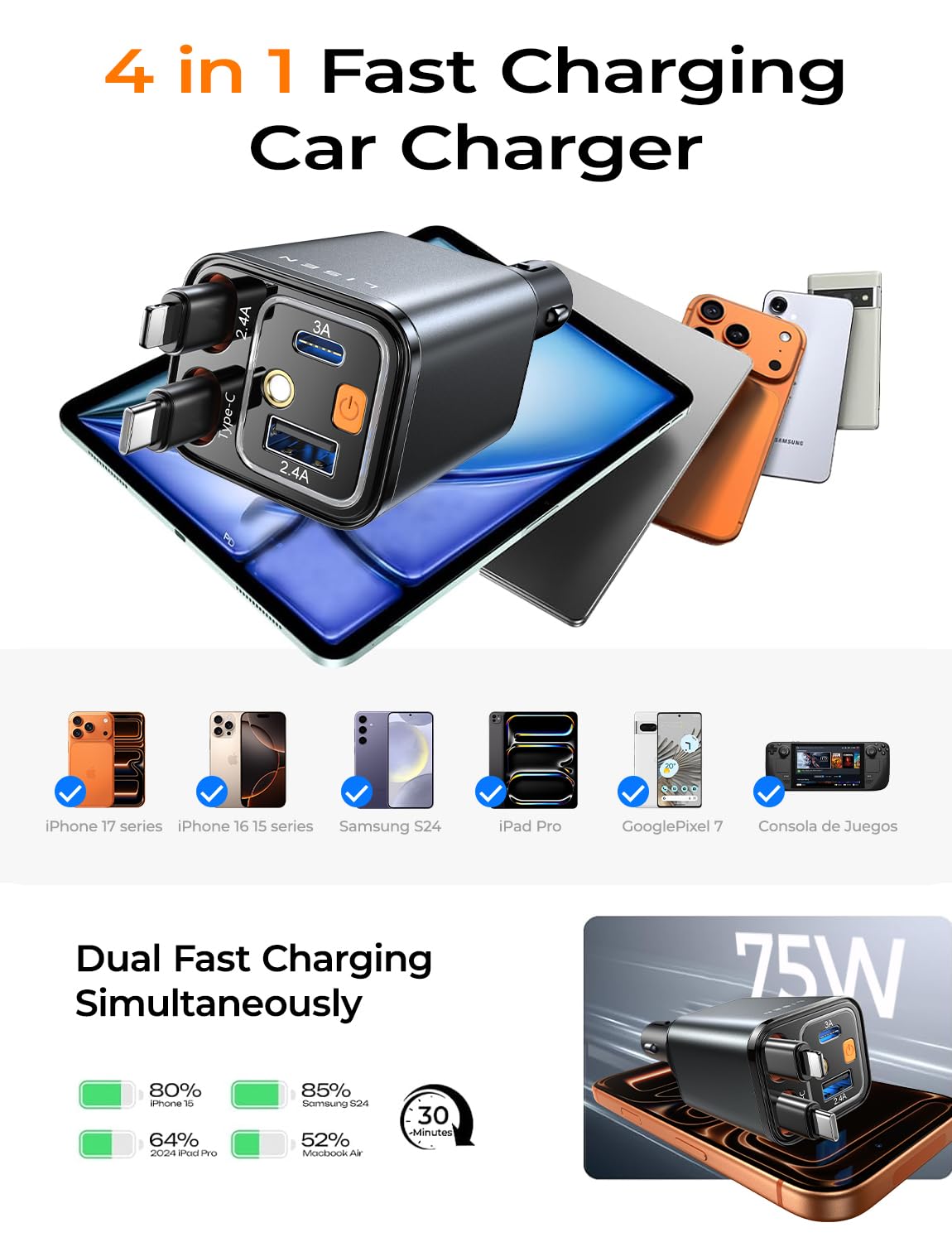 LISEN Retractable Car Charger, 84W Car Charger USB C Fast Charge, 4 in 1