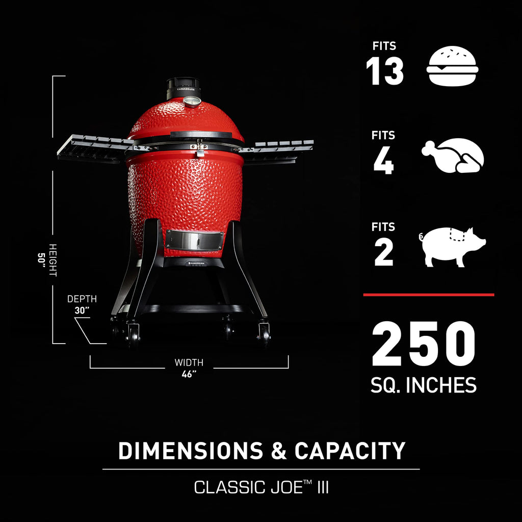 Kamado Joe® Classic Joe™ I Premium 18-inch Ceramic Charcoal Grill and Smoker in Red with Cart, Side Shelves, Grill Gripper, and Ash Tool. 250 Cooking Square Inches, 2 Tier Cooking System, Model KJ23RH