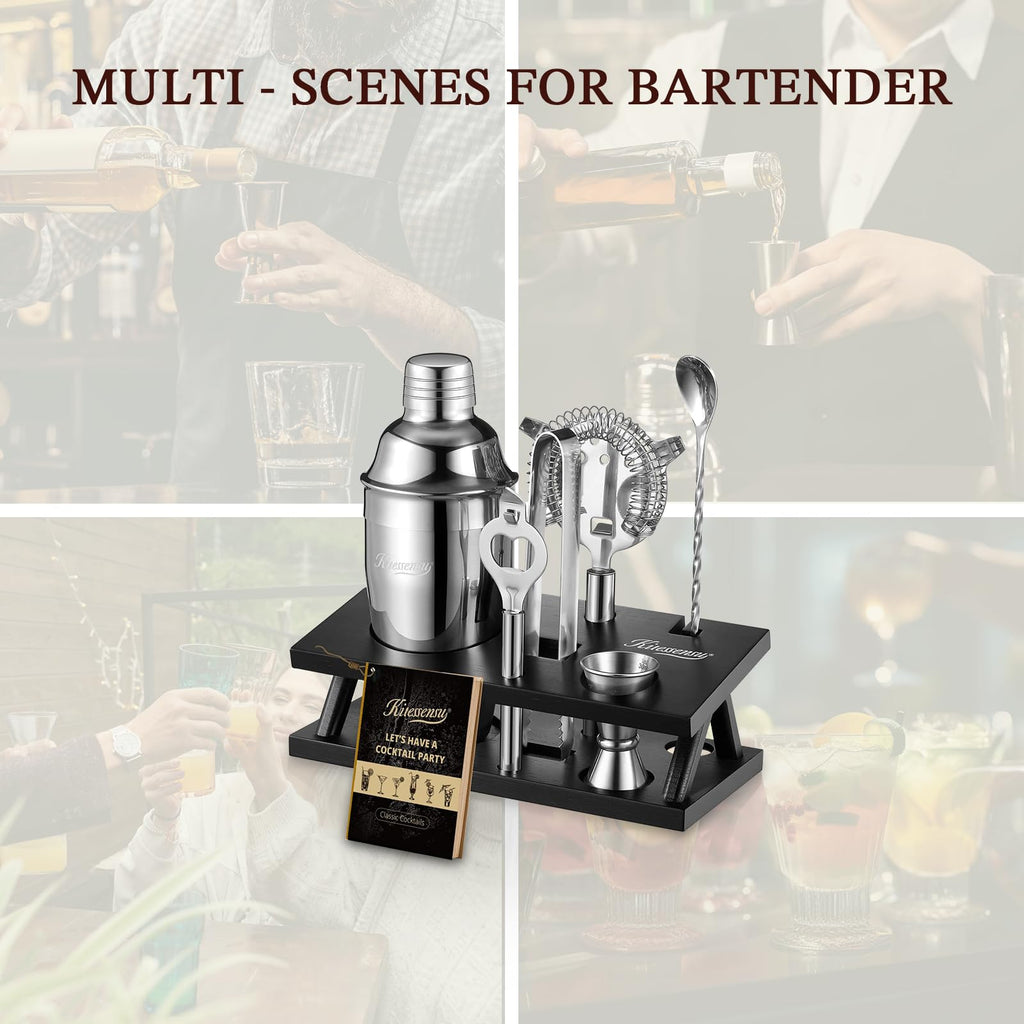 KITESSENSU Cocktail Shaker Set Bartender Kit with Stand | Bar Set Drink Mixer Set with All Essential Accessory Tools: Martini Shaker, Jigger, Strainer, Mixer Spoon, Muddler, Liquor Pourers |Silver