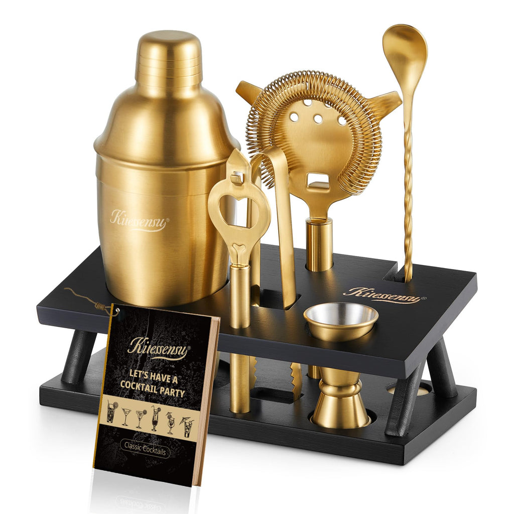 KITESSENSU Cocktail Shaker Set Bartender Kit with Stand | Bar Set Drink Mixer Set with All Essential Accessory Tools: Martini Shaker, Jigger, Strainer, Mixer Spoon, Muddler, Liquor Pourers |Silver