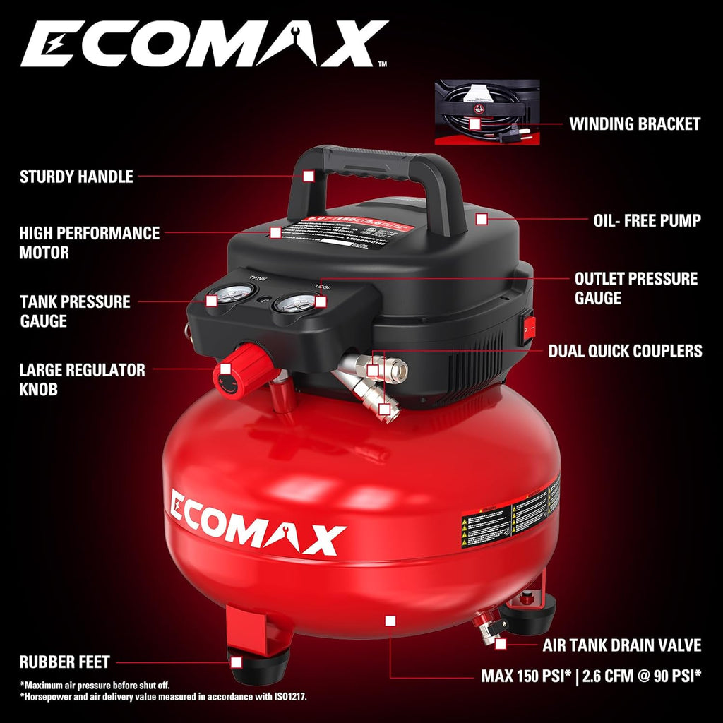 ECOMAX Air Compressor 6 Gallon 150 PSI Pancake Portable Oil-free Tank with 10 PCS Accessories Kit