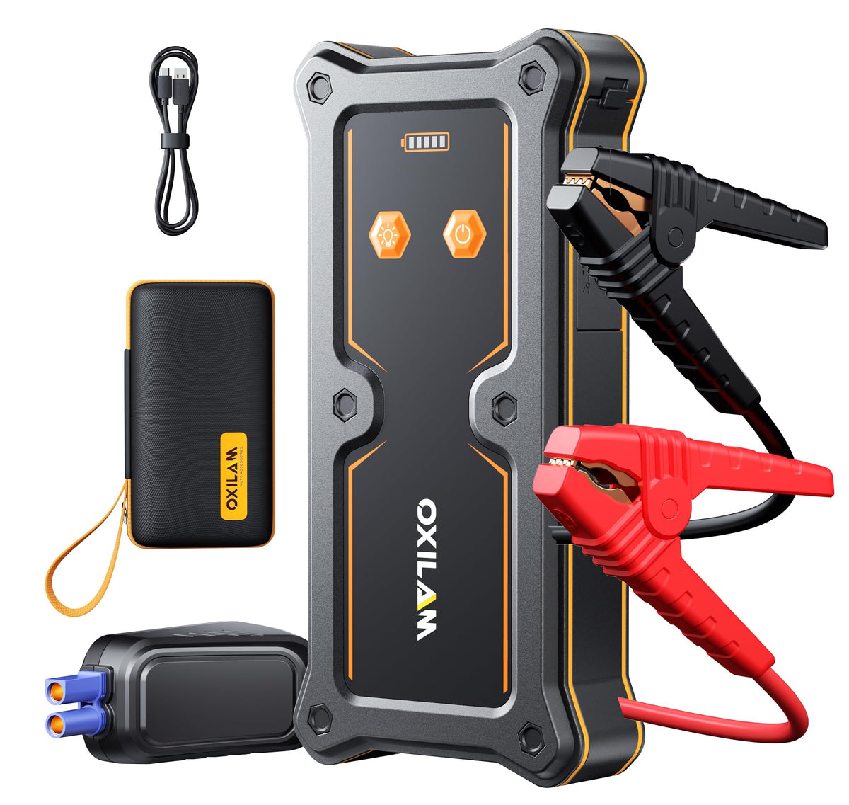 OXILAM Jump Starter 6000A for All Gas/12L Diesel, Car Battery Jumper Starter Portable, 12V Lithium Jump Box with Jumper Cables, LED Display, LED Light, Power Bank with USB, Type C Port