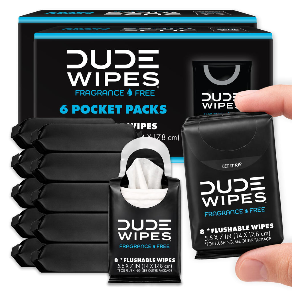 DUDE Wipes Unscented Pocket Packs, Adult Flushable Travel Wipes, 48 Count