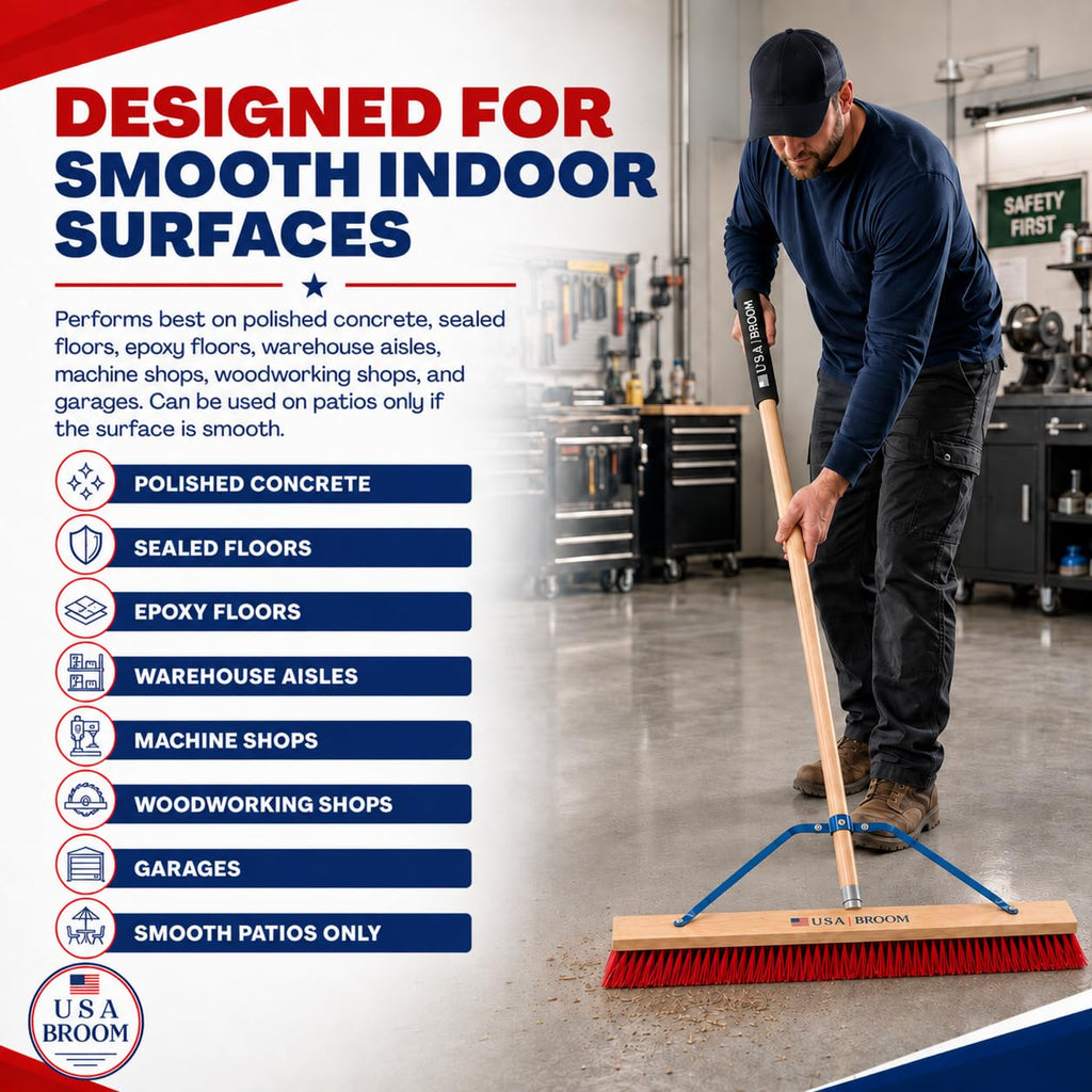 36" Everyday Sweep Indoor/Outdoor Push Broom with 60" Handle. Ideal for Garages & Shops. Durable American Made Steel Brackets-All Stainless Steel Hardware. No Plastic. 100% USA Made