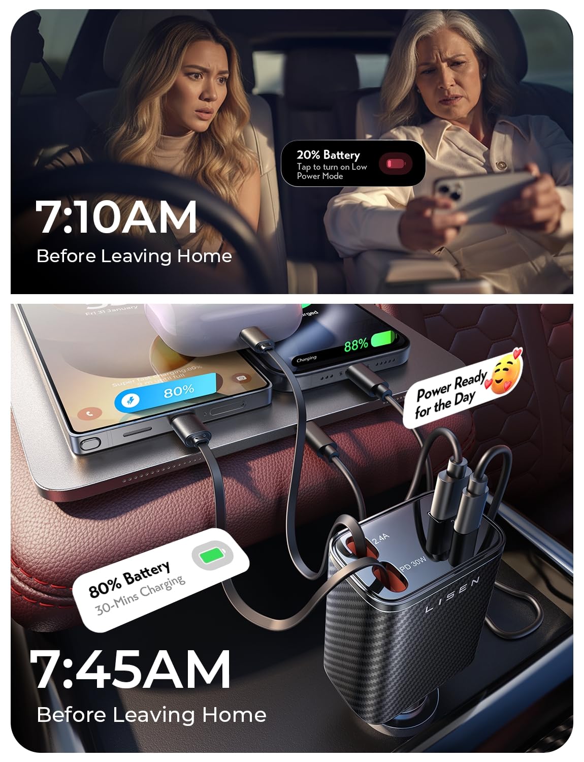 LISEN Retractable Car Charger, 84W Car Charger USB C Fast Charge, 4 in 1
