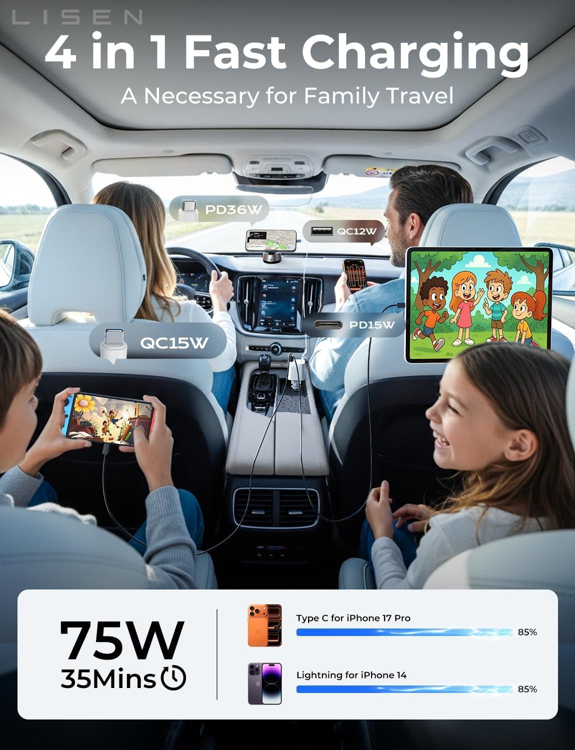LISEN Retractable Car Charger, 84W Car Charger USB C Fast Charge, 4 in 1