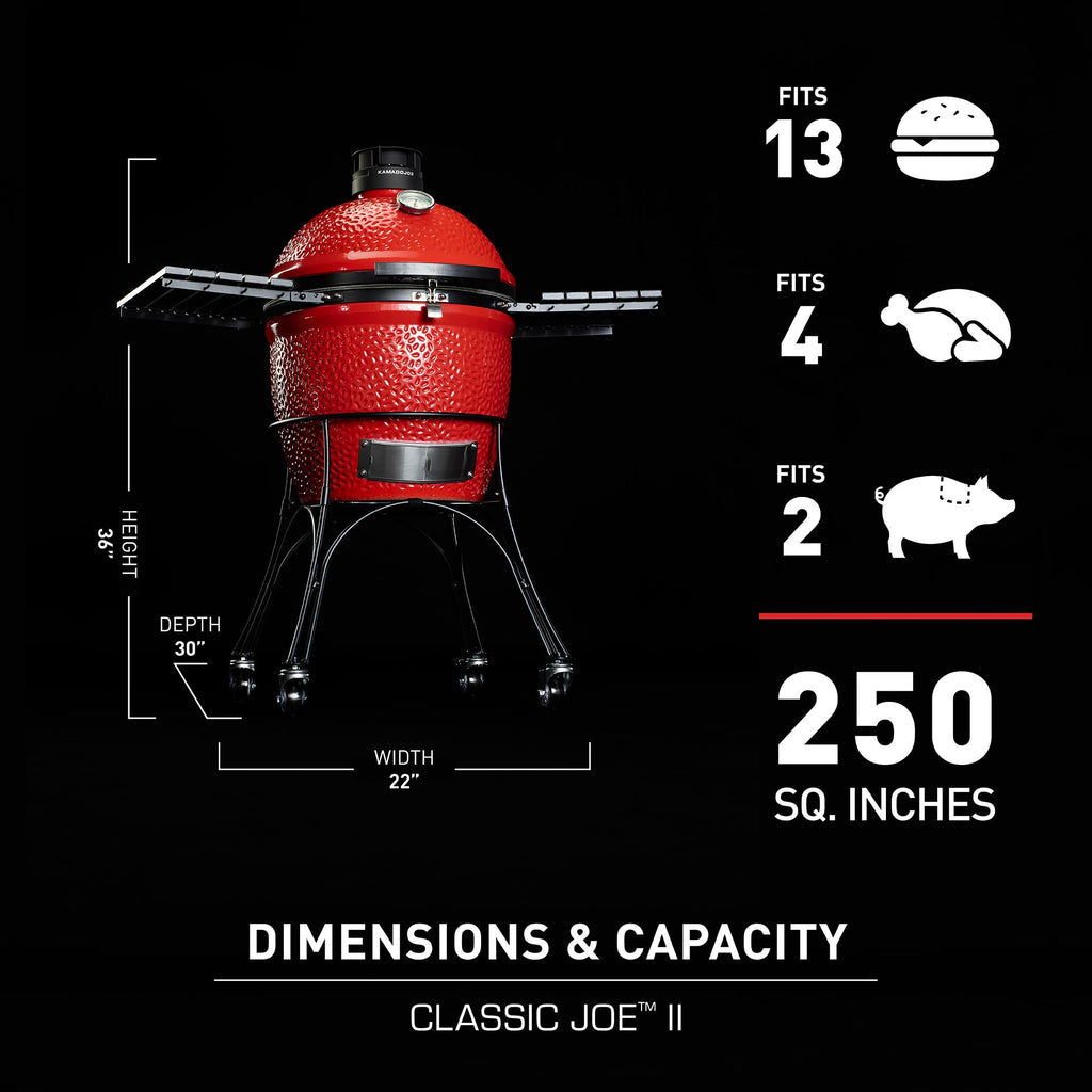 Kamado Joe® Classic Joe™ I Premium 18-inch Ceramic Charcoal Grill and Smoker in Red with Cart, Side Shelves, Grill Gripper, and Ash Tool. 250 Cooking Square Inches, 2 Tier Cooking System, Model KJ23RH