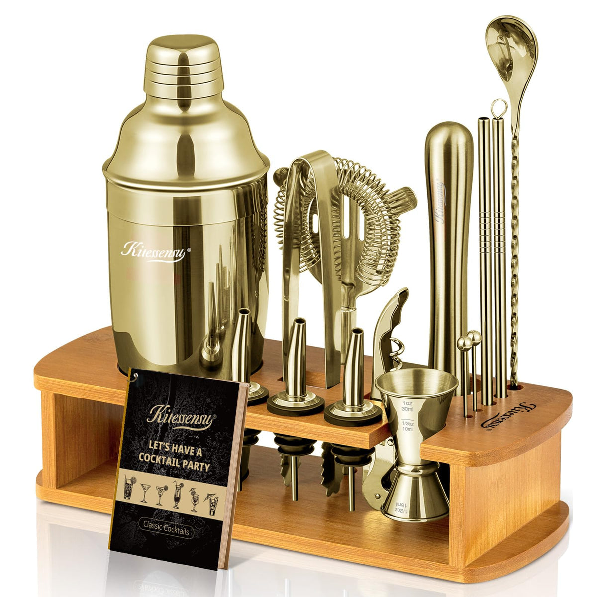 KITESSENSU Cocktail Shaker Set Bartender Kit with Stand | Bar Set Drink Mixer Set with All Essential Accessory Tools: Martini Shaker, Jigger, Strainer, Mixer Spoon, Muddler, Liquor Pourers |Silver