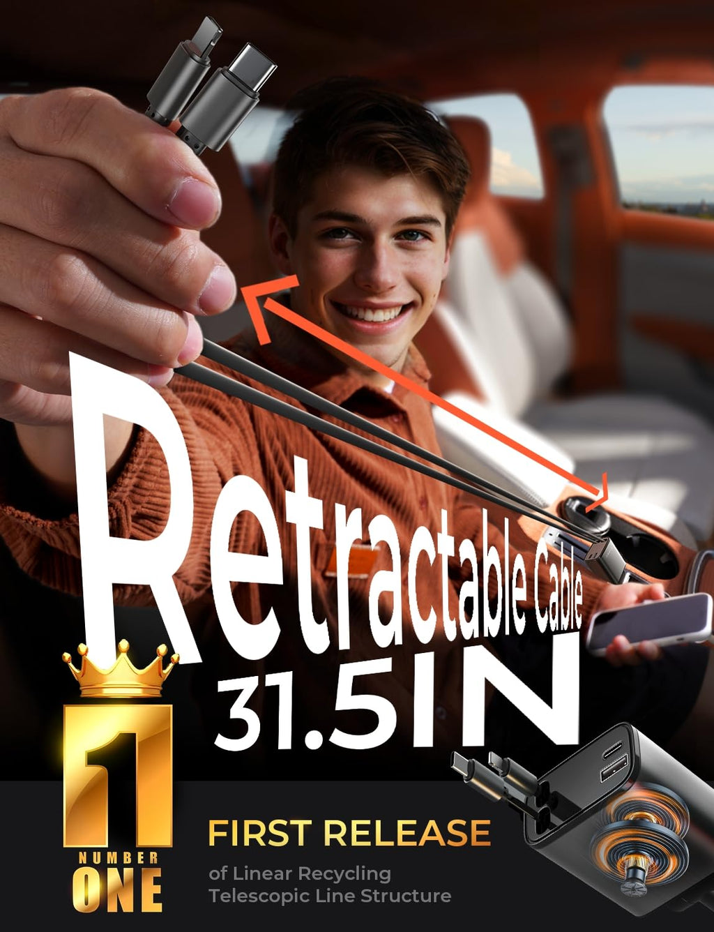 LISEN Retractable Car Charger, 84W Car Charger USB C Fast Charge, 4 in 1