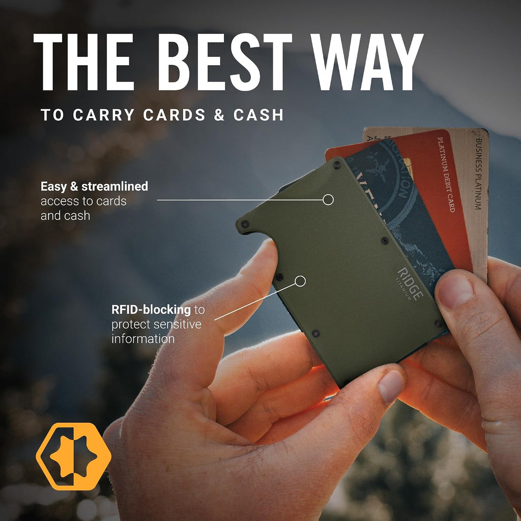 The Ridge Wallet for Men - Slim Minimalist Compact Wallet and Card Holder, RFID Protected Front Pocket Wallets for Men with Integrated Money Clip (Matte Olive Titanium)