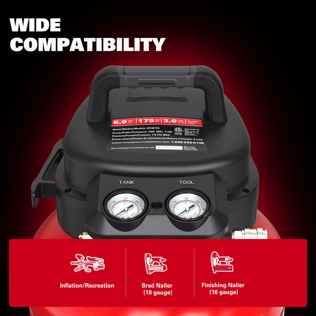 ECOMAX Air Compressor 6 Gallon 150 PSI Pancake Portable Oil-free Tank with 10 PCS Accessories Kit