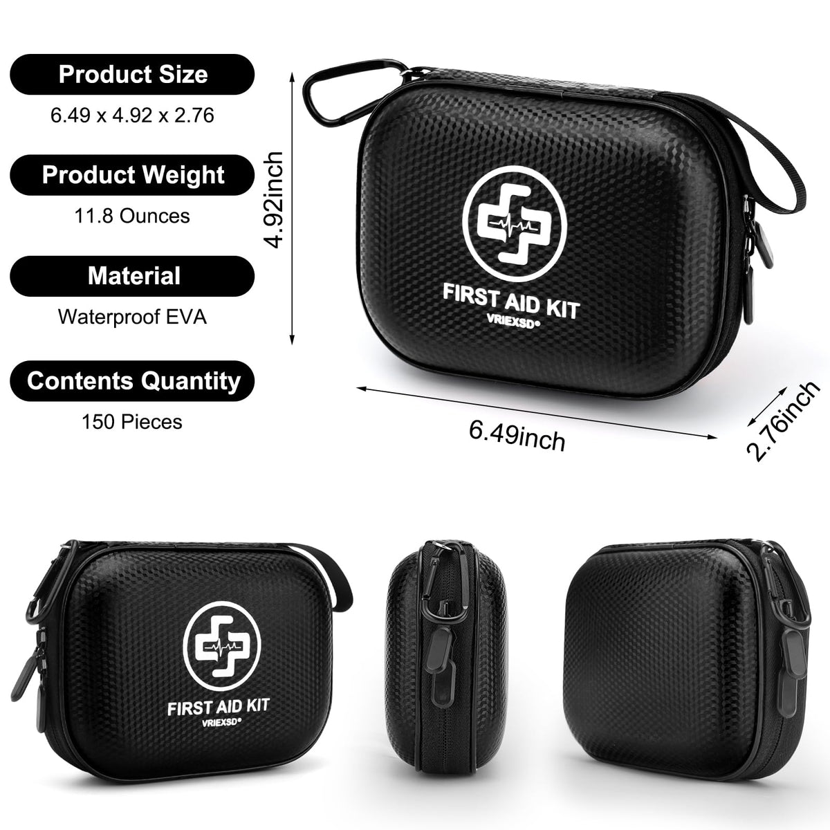 Mini First Aid Kit - 150 Piece Small Waterproof EVA Hard Shell Case