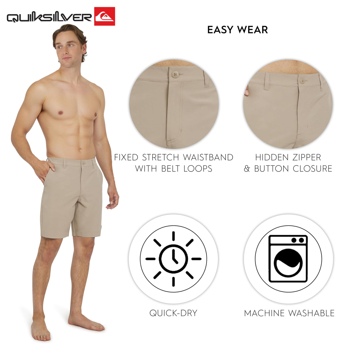 Quiksilver Men's Regular Fit Fixed Waist Water Friendly Active Hybrid Shorts