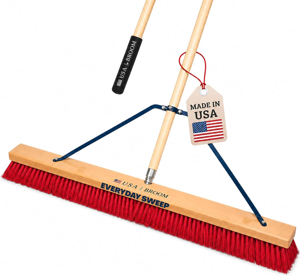 36" Everyday Sweep Indoor/Outdoor Push Broom with 60" Handle. Ideal for Garages & Shops. Durable American Made Steel Brackets-All Stainless Steel Hardware. No Plastic. 100% USA Made
