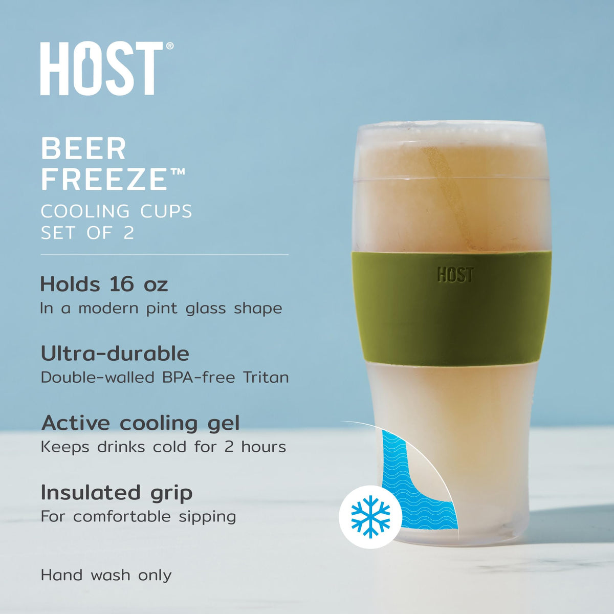 Host Freeze Beer Glasses, Freezable Beer Gifts for Men, Double Wall Insulated Pint Set, Tumbler for Cold Drinks, 16, Set of 2, Gray