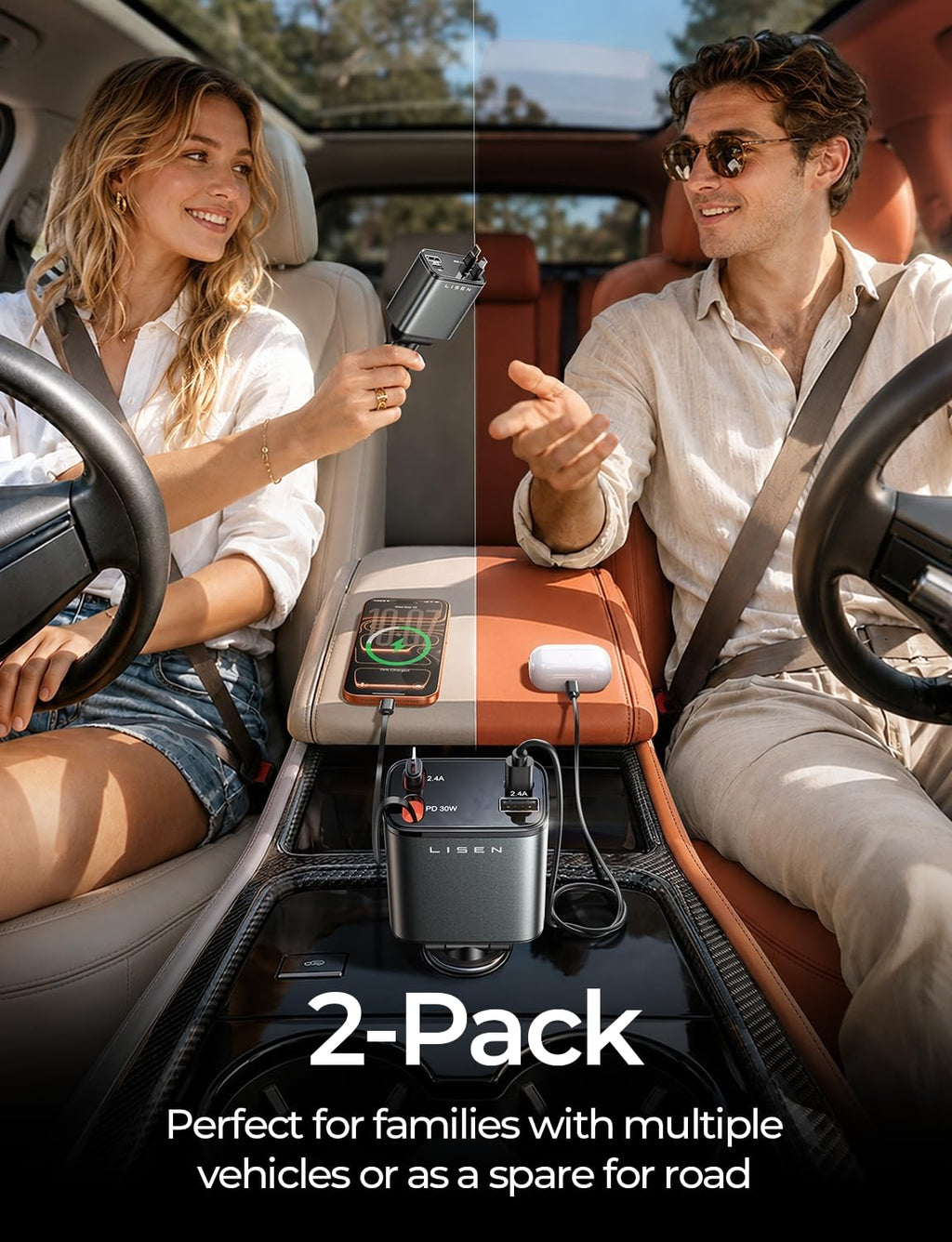 LISEN Retractable Car Charger, 84W Car Charger USB C Fast Charge, 4 in 1