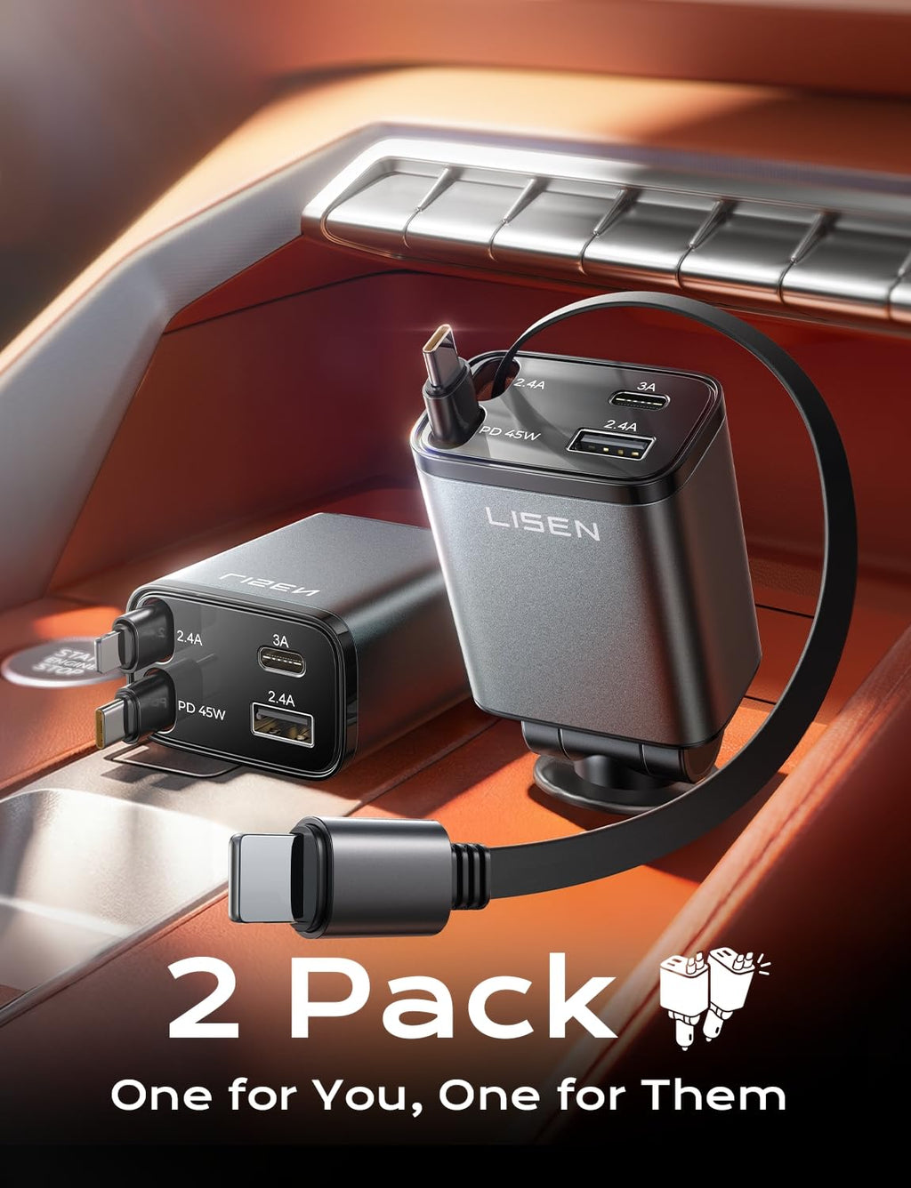 LISEN Retractable Car Charger, 84W Car Charger USB C Fast Charge, 4 in 1