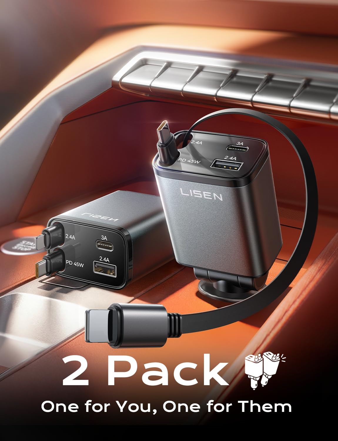 LISEN Retractable Car Charger, 84W Car Charger USB C Fast Charge, 4 in 1