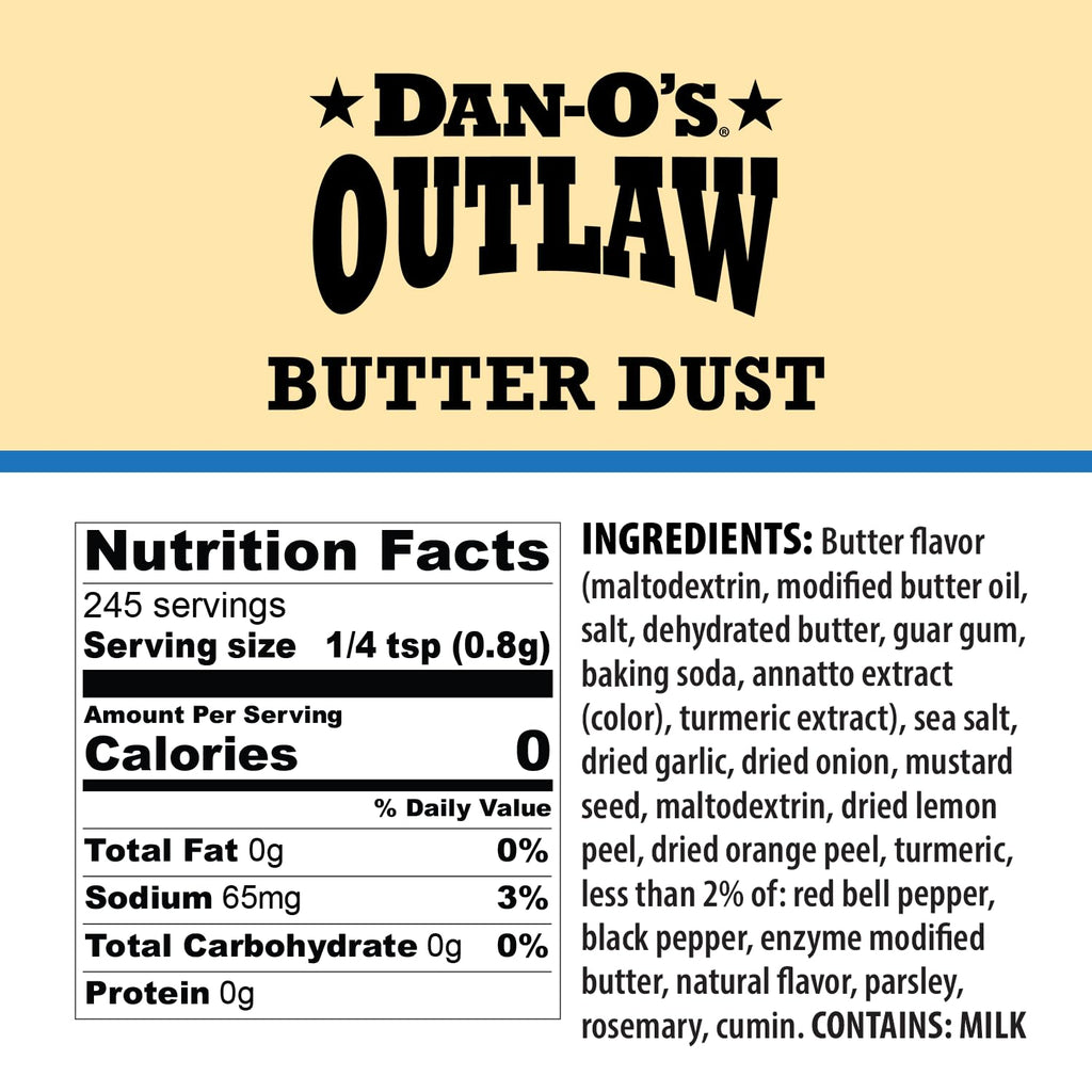 Dan-O’s Outlaw Butter Dust Seasoning – 6.9 oz – Buttery All Purpose Seasoning for Chicken, Vegetables & Popcorn – Sugar Free, Zero Calorie Dry Spice Blend