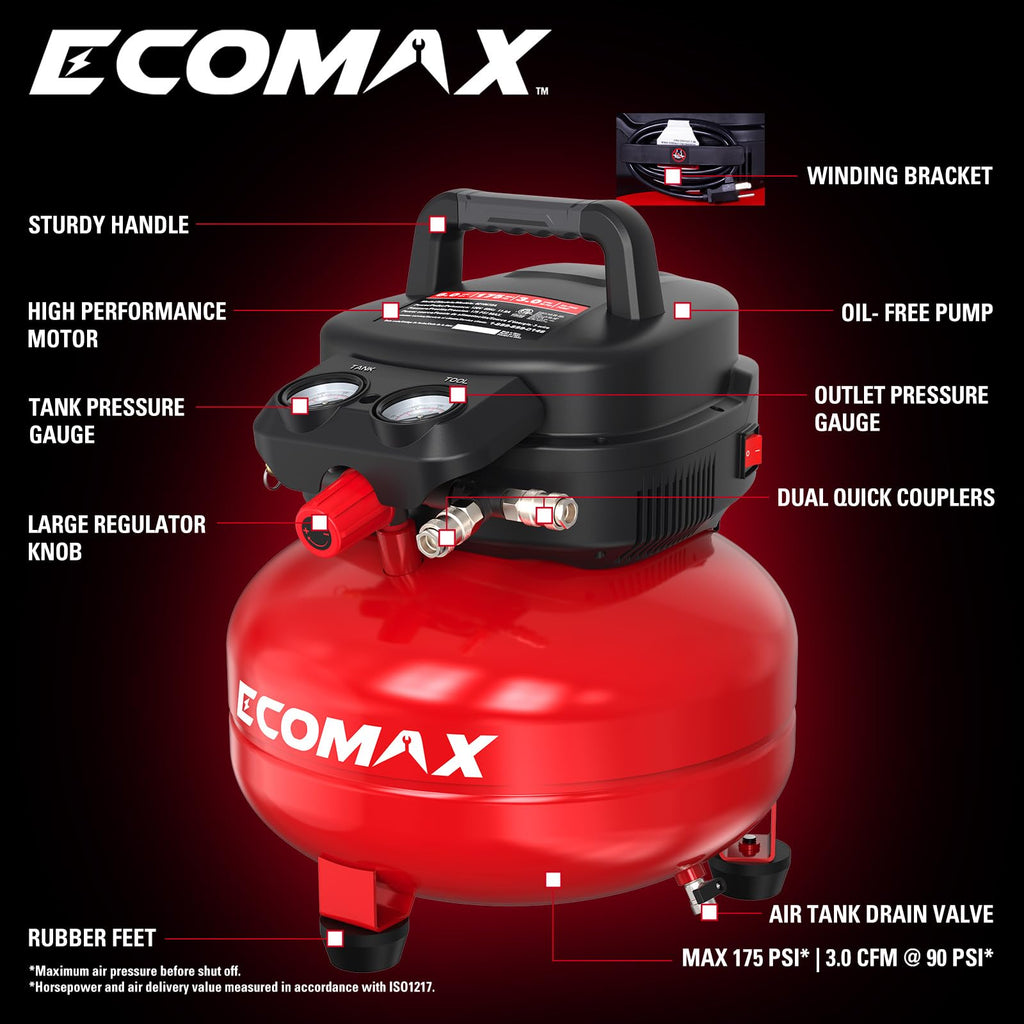 ECOMAX Air Compressor 6 Gallon 150 PSI Pancake Portable Oil-free Tank with 10 PCS Accessories Kit