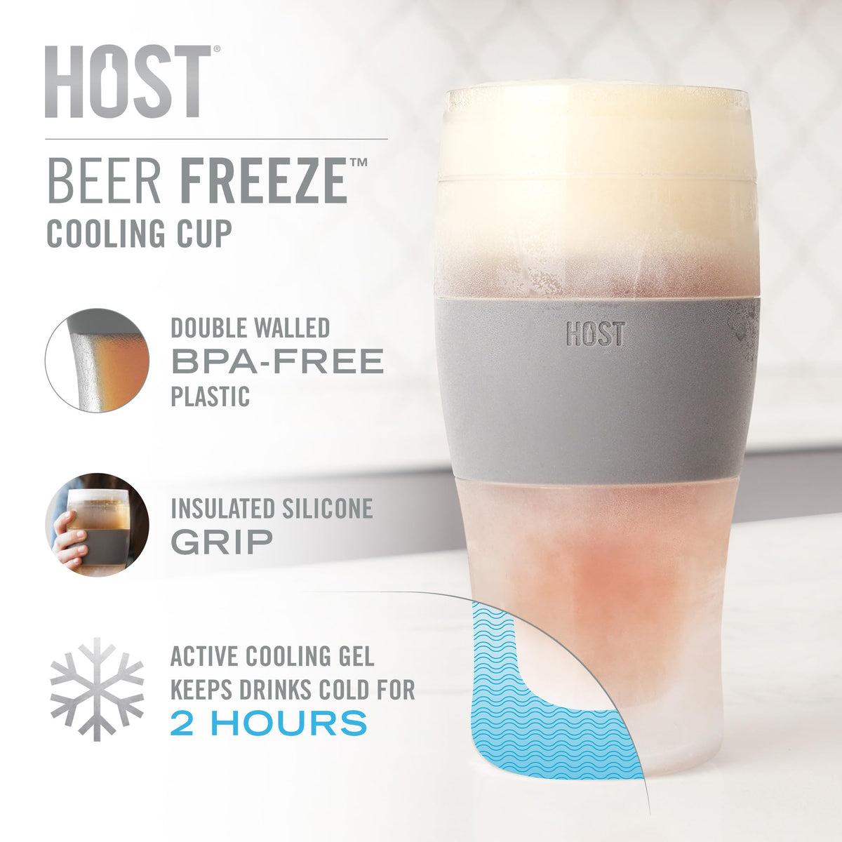 Host Freeze Beer Glasses, Freezable Beer Gifts for Men, Double Wall Insulated Pint Set, Tumbler for Cold Drinks, 16, Set of 2, Gray