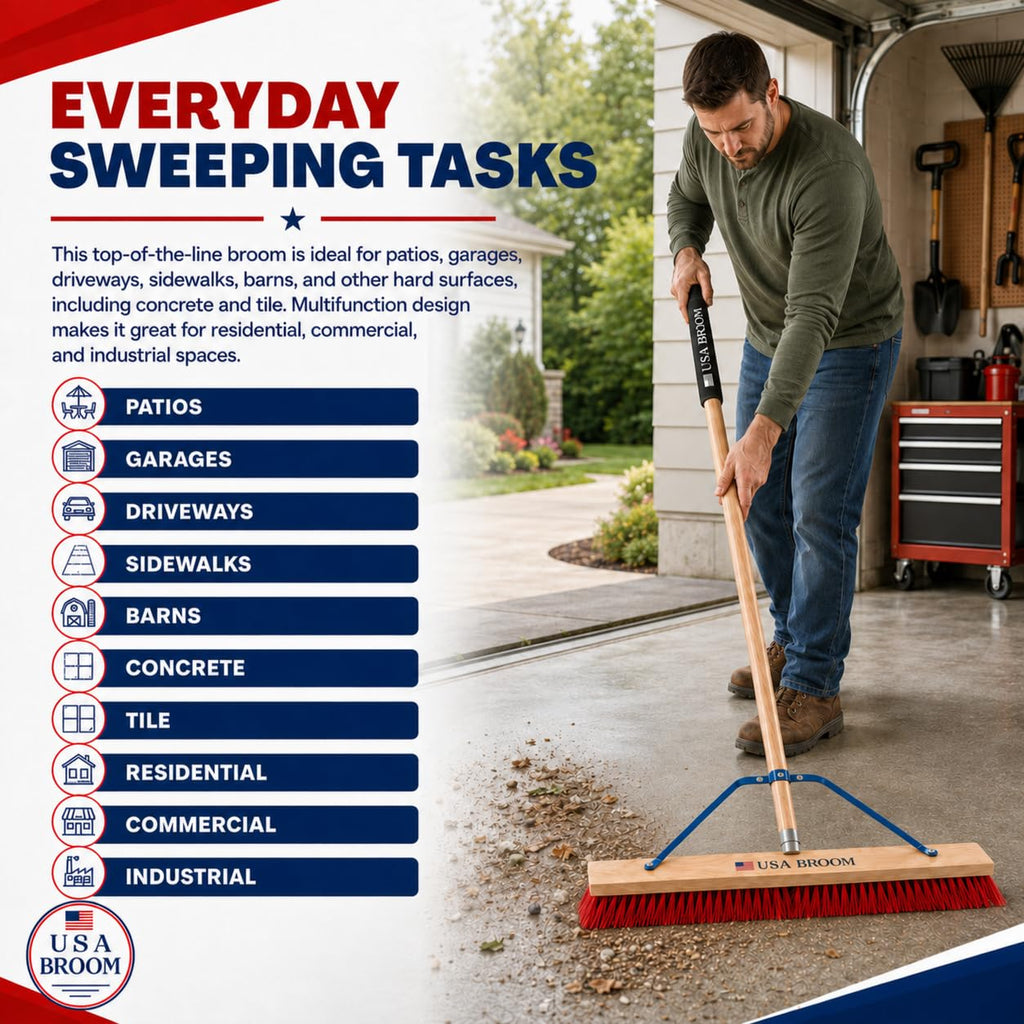 36" Everyday Sweep Indoor/Outdoor Push Broom with 60" Handle. Ideal for Garages & Shops. Durable American Made Steel Brackets-All Stainless Steel Hardware. No Plastic. 100% USA Made