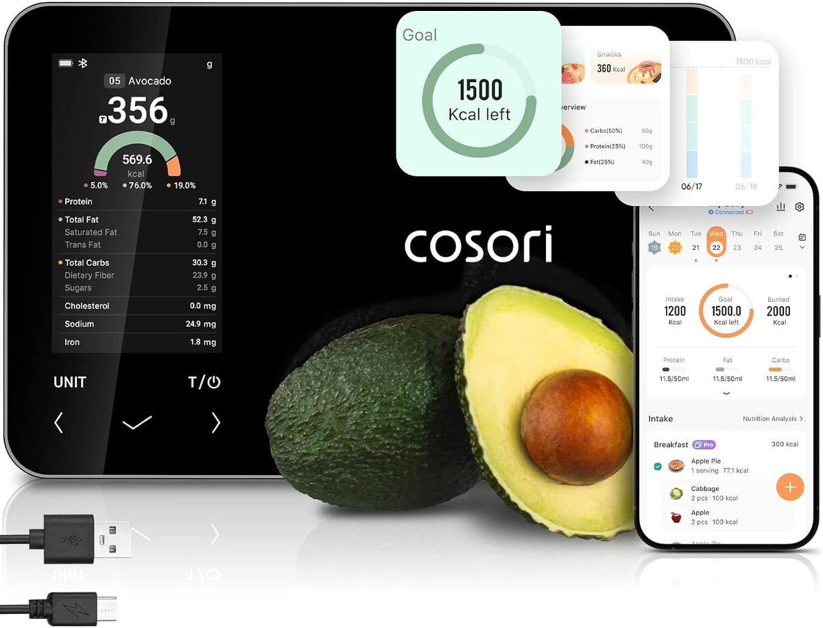 Cosori Smart Food Scale with Nutritional Calculator, USB Rechargeable, 11lb
