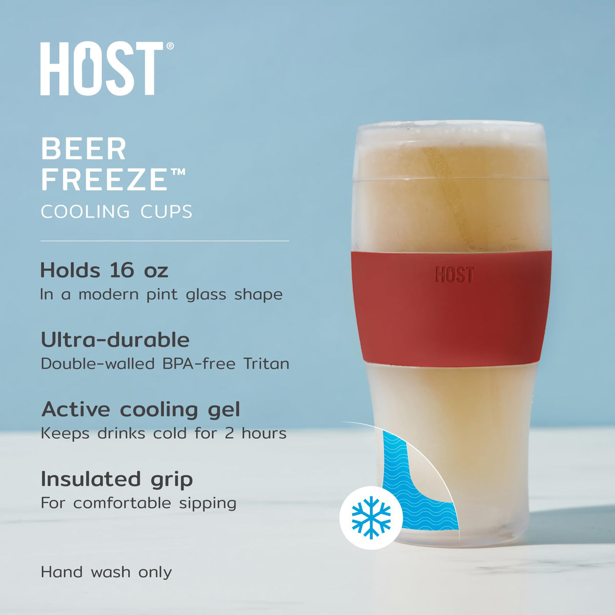 Host Freeze Beer Glasses, Freezable Beer Gifts for Men, Double Wall Insulated Pint Set, Tumbler for Cold Drinks, 16, Set of 2, Gray