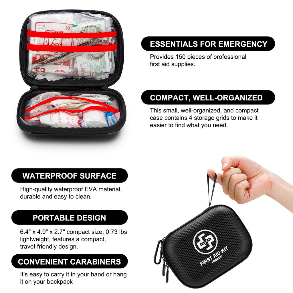 Mini First Aid Kit - 150 Piece Small Waterproof EVA Hard Shell Case