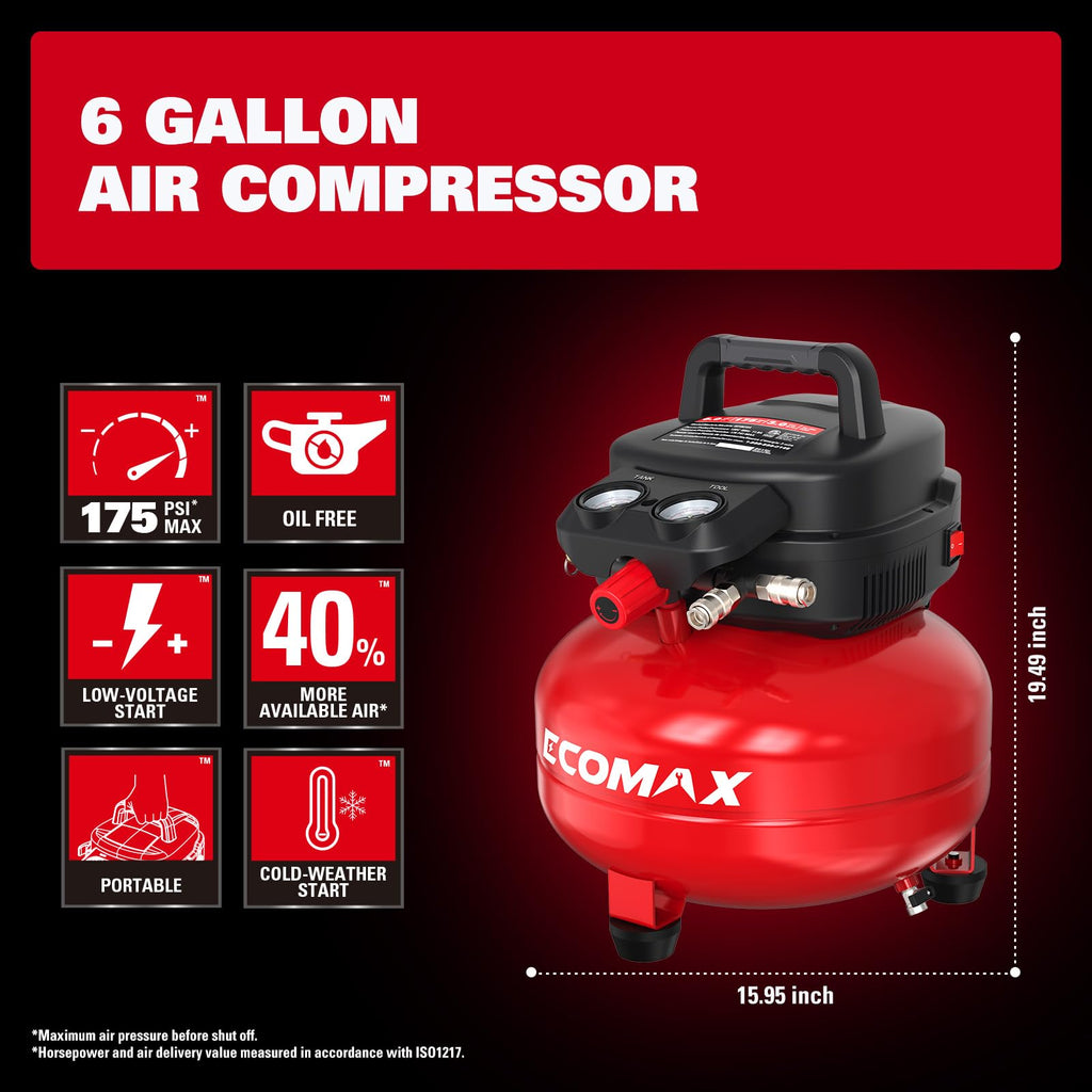 ECOMAX Air Compressor 6 Gallon 150 PSI Pancake Portable Oil-free Tank with 10 PCS Accessories Kit
