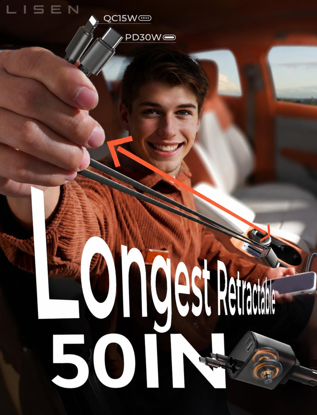 LISEN Retractable Car Charger, 84W Car Charger USB C Fast Charge, 4 in 1