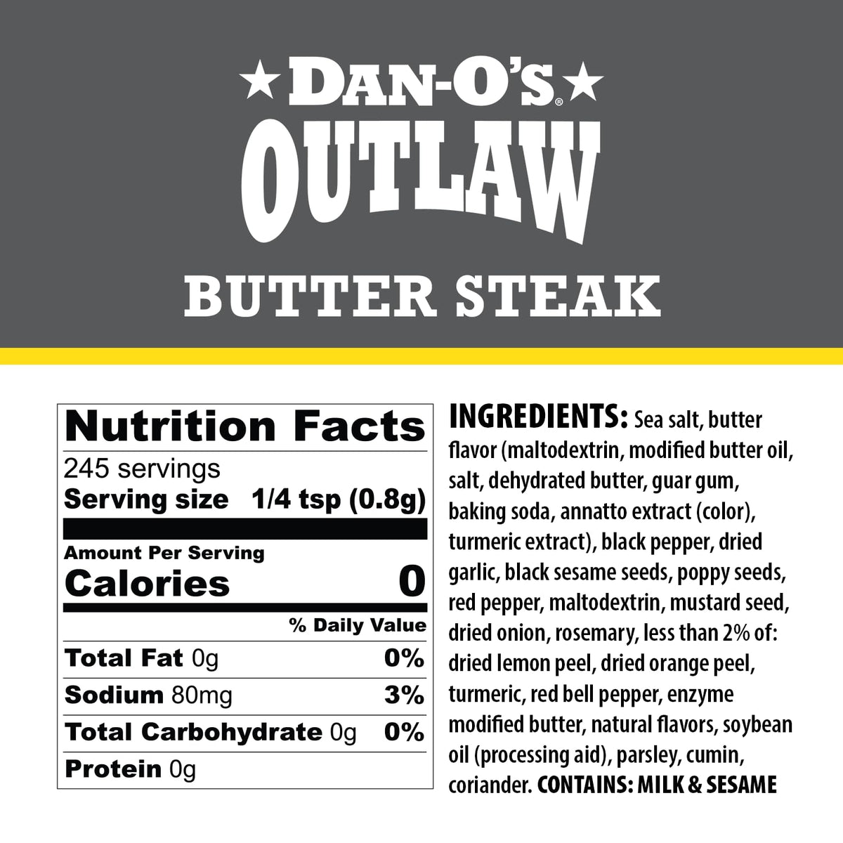 Dan-O’s Outlaw Butter Dust Seasoning – 6.9 oz – Buttery All Purpose Seasoning for Chicken, Vegetables & Popcorn – Sugar Free, Zero Calorie Dry Spice Blend