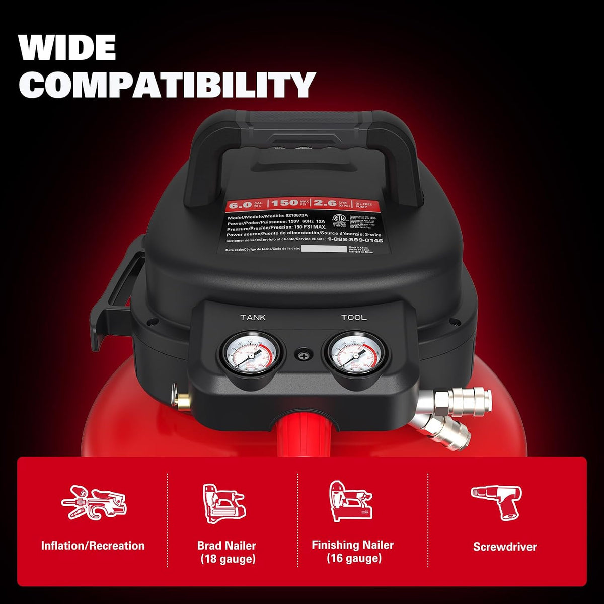 ECOMAX Air Compressor 6 Gallon 150 PSI Pancake Portable Oil-free Tank with 10 PCS Accessories Kit