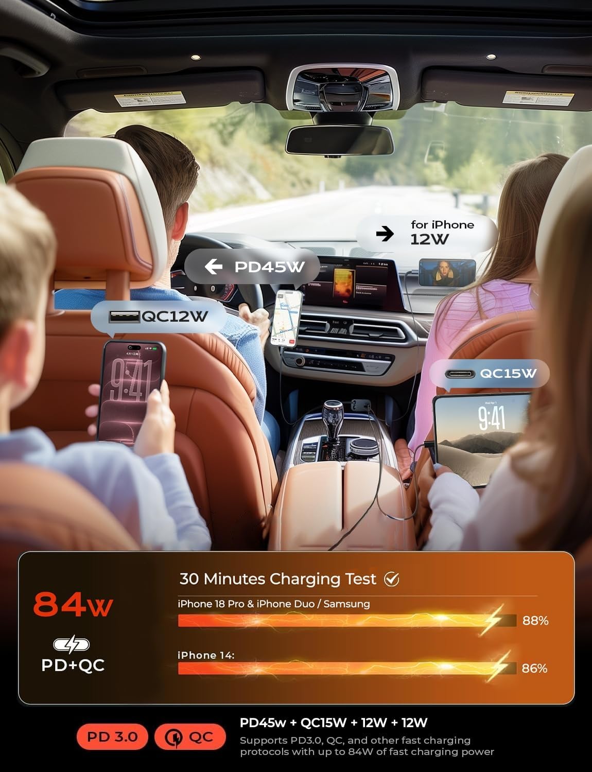 LISEN Retractable Car Charger, 84W Car Charger USB C Fast Charge, 4 in 1