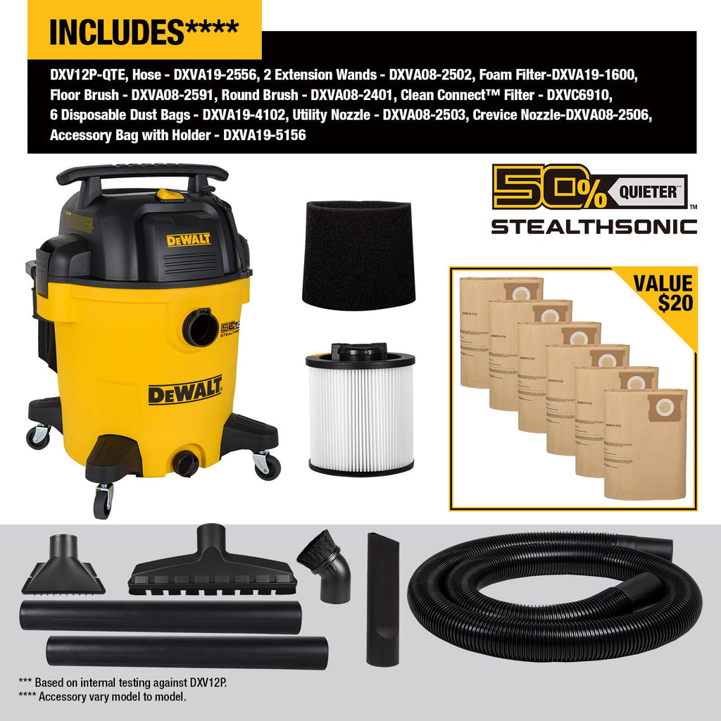 DEWALT STEALTHSONIC Wet Dry Shop Vac 6 Gallon 5 HP, DXV06P-QT