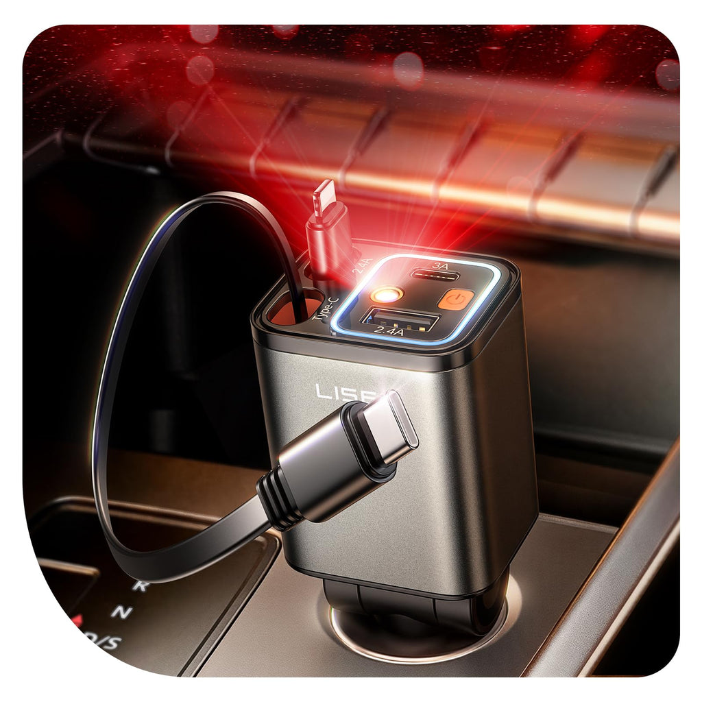 LISEN Retractable Car Charger, 84W Car Charger USB C Fast Charge, 4 in 1