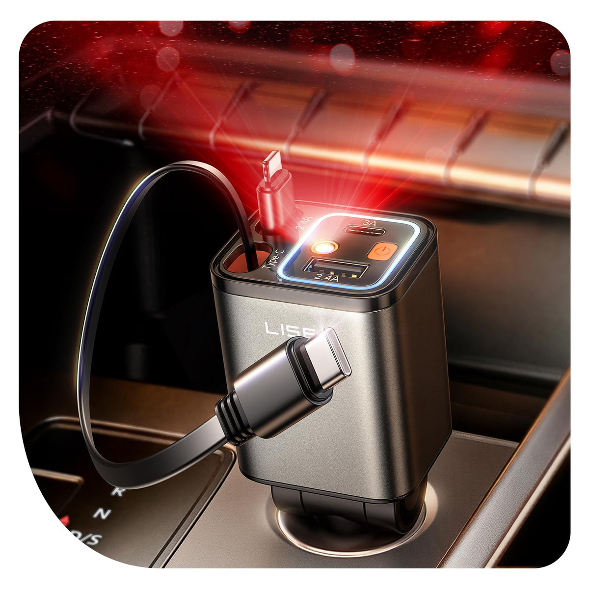LISEN Retractable Car Charger, 84W Car Charger USB C Fast Charge, 4 in 1