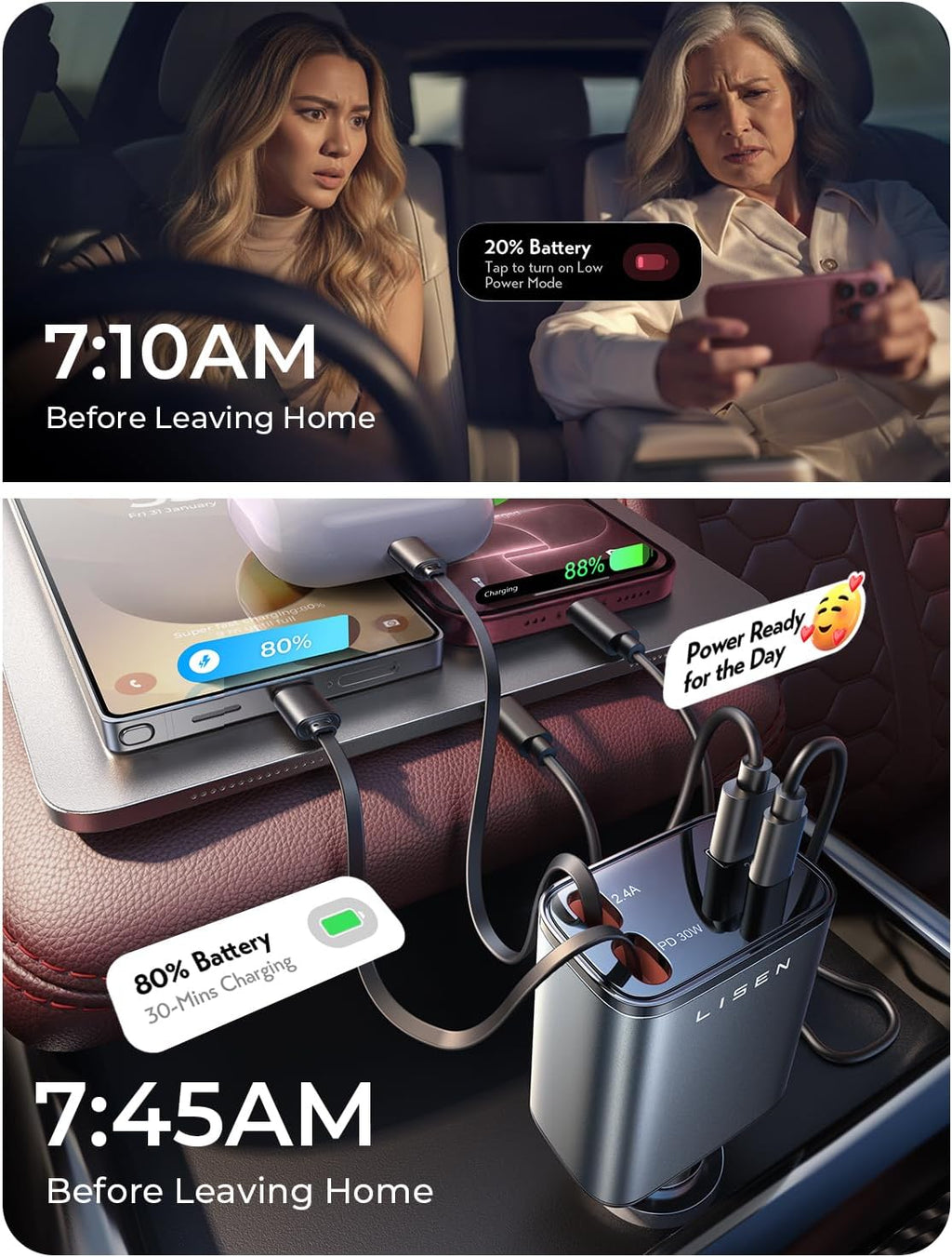 LISEN Retractable Car Charger, 84W Car Charger USB C Fast Charge, 4 in 1